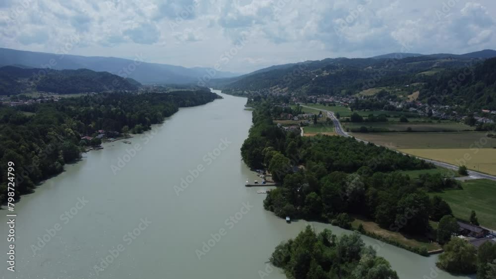 smooth drone shot of the river. Drava river in Slovenia smooth drone shot of the river. Drava river in Slovenia