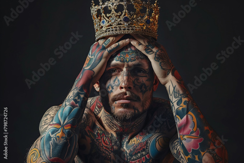A man covered in tattoos wearing a crown photo