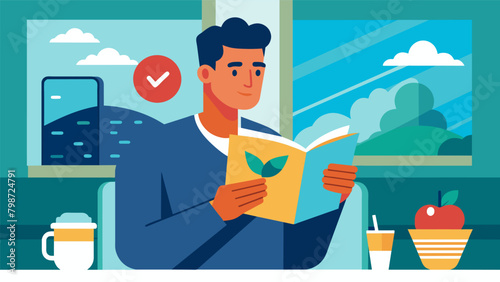 A man on a morning commute engrossed in a mens health and wellness magazine as he learns about how to maintain a healthy diet while onthego..