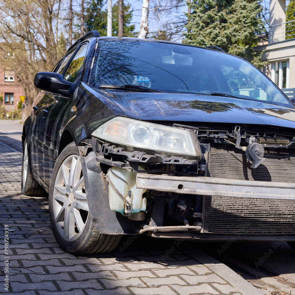 Fototapeta premium Damaged car after a collision. Broken front bumper.