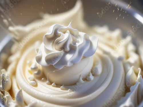 Close up of white whipped cream or sours on the wedding cake on light background photo