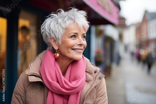 Portrait of a happy senior woman in winter coat and pink scarf