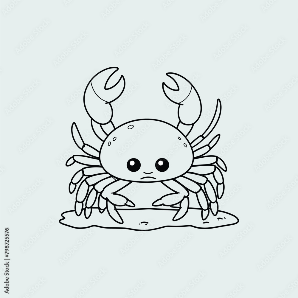 Crab on Water black and white illustration, colorbook crab vector