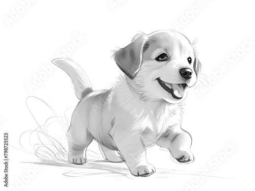 Black and white sketch of a Basset Hound puppy. Puppies have long, folded ears. There are folds of skin around the face and a short tail.