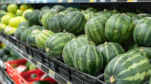 Watermelon on shopping shelf in supermarket