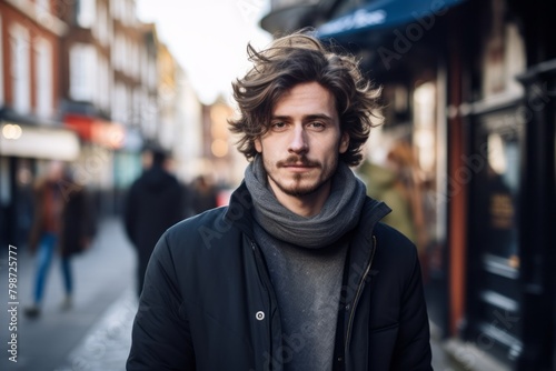 Portrait of a handsome young man with long curly hair, wearing a black coat and gray scarf, standing on a street in London.