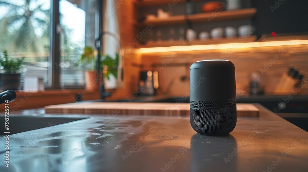 Smart Home Technology: A photo of a smart speaker on a kitchen counter Smart Home Technology: A photo of a smart speaker on a kitchen counter