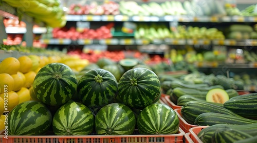 Watermelon on shopping shelf in supermarket