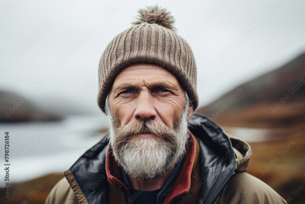 Portrait of a senior man with a gray beard in a knitted hat on the background of a frozen lake Portrait of a senior man with a gray beard in a knitted hat on the background of a frozen lake