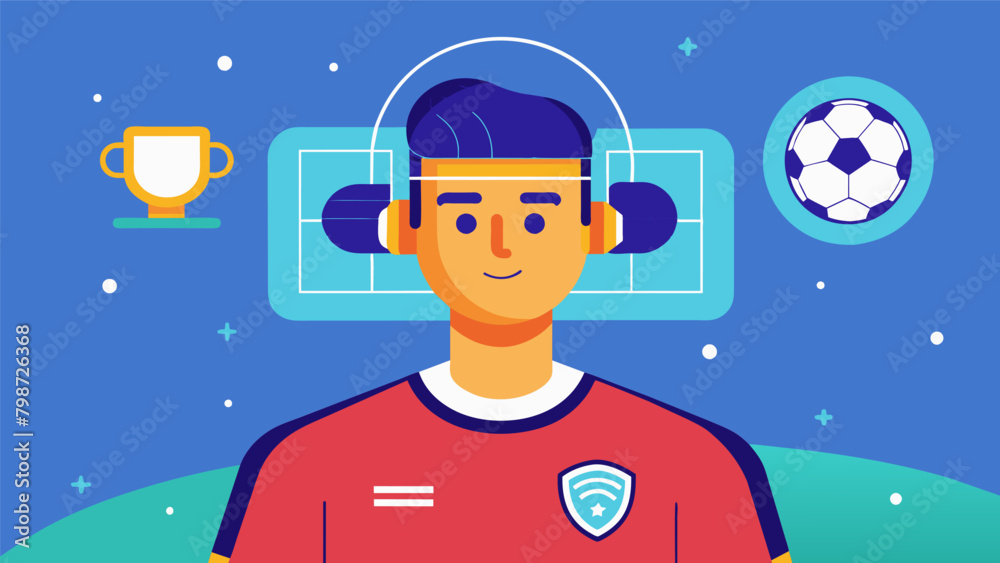 Naklejka premium A soccer player using a wearable device that monitors their brain waves and sends signals to their teammates creating perfectly timed plays..