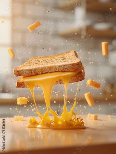 Grilled Cheese Sandwich with Melted Cheese Oozing and Floating Bread in a Homely Kitchen Setting