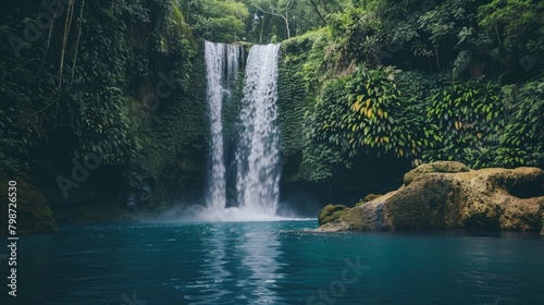 A majestic waterfall cascading into a tranquil pool in a lush forest