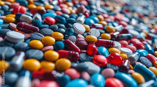 A colorful assortment of various pills and capsules scattered in abundance on a surface. 