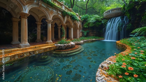 Tranquil garden oasis with arched cloisters, a serene pond, lush greenery, and a waterfall in a picturesque setting.  photo