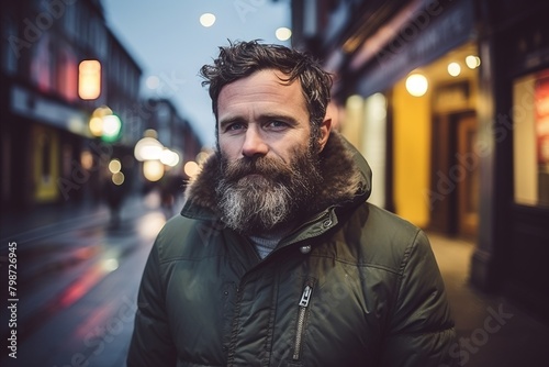 Portrait of a handsome bearded man with long beard and moustache in the city at night