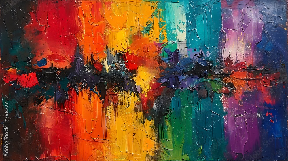 Vibrant abstract oil painting with a rich texture and a bold palette of colors creates a stunning visual impression for art lovers and interior decorators alike. 