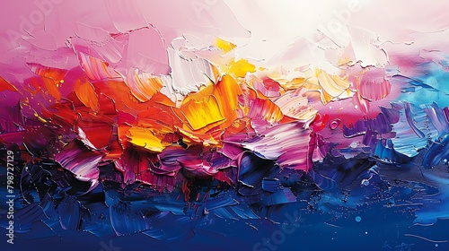 Vibrant abstract oil painting with a dynamic blend of vivid colors splashed energetically across the canvas.