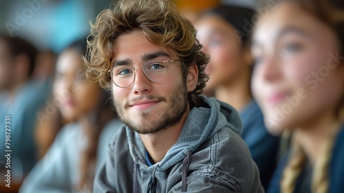 A smiling young man with glasses and curly hair in a classroom setting with students in the background, symbolizing optimism and education. 