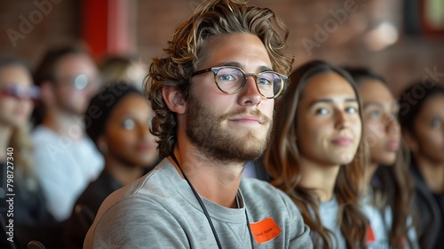 Focused young man with eyeglasses attentively listening in a seminar environment. 