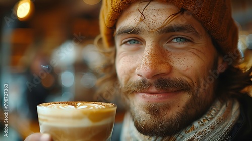 A joyful young man with a beanie and freckles smiling while holding a latte with artful foam in a cozy cafe setting. 