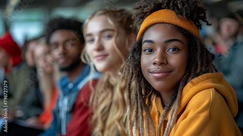 A diverse group of young adults smiling and sitting together in casual clothing focuses on a woman in a yellow beanie and hoodie at the front  © Munali