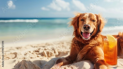 dog lies on the beach with a glass of fresh juice, Generative AI,