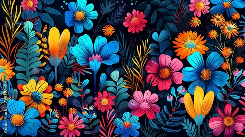 Vibrant and colorful floral pattern on a dark background, ideal for design backgrounds and botanical themes. 