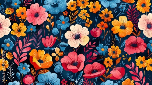 A vibrant floral pattern with a variety of colorful flowers and foliage on a dark blue background. 