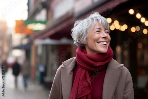 Portrait of happy senior woman walking in city street, smiling. © Stocknterias