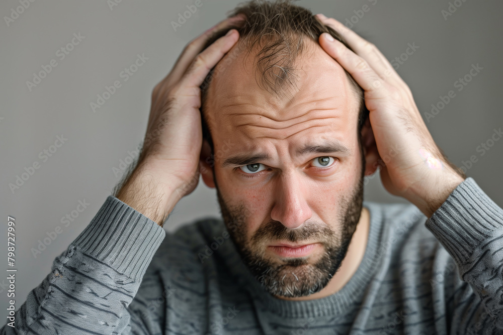 Hair loss. Man concerned about losing hair on his forehead . Portrait of adult Caucasian male in his 40s.soft focus blur effect