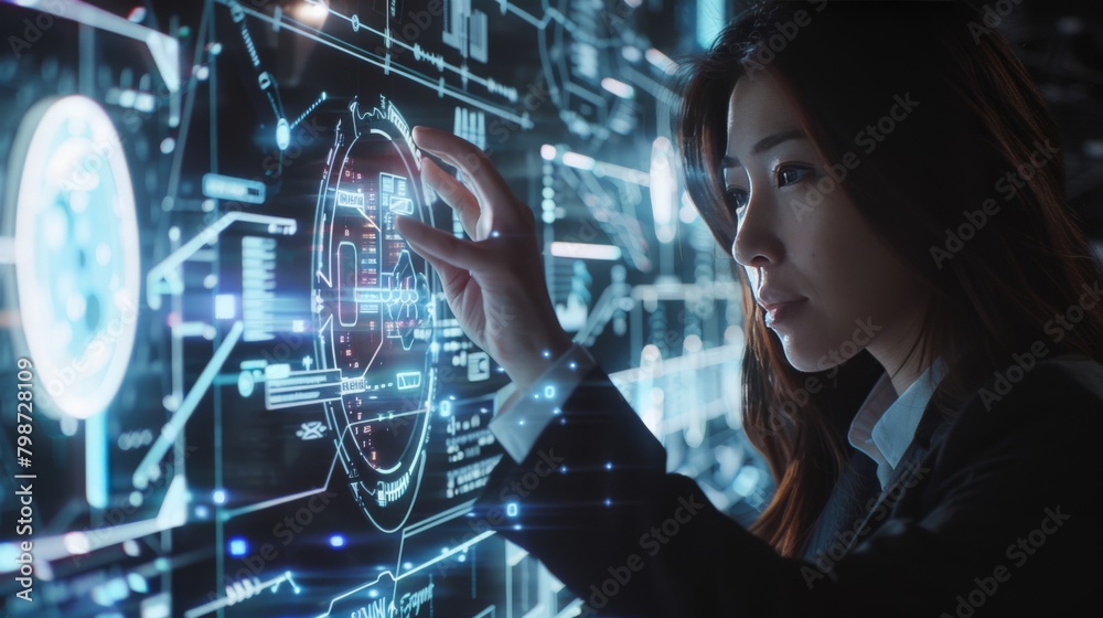 Businesswoman interacting with a futuristic holographic interface in office