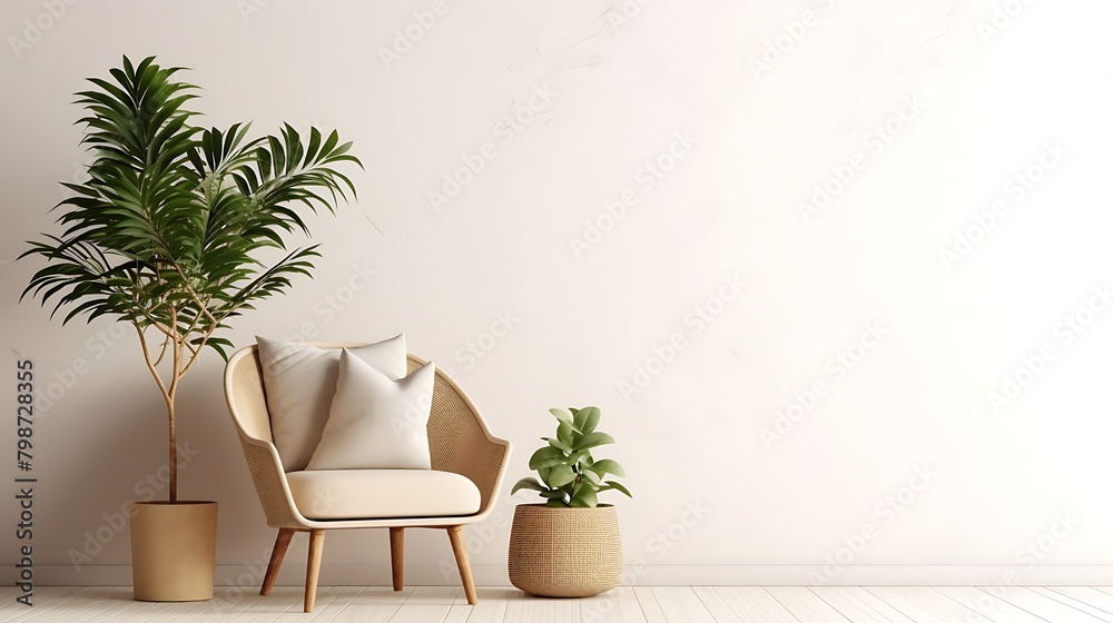 A modern living room setup with a stylish armchair and indoor plants against a clean wall, creating a minimalist interior design concept. 