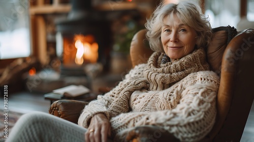 Elderly lady in a woollen jumper relaxing in her living room with a fire in the background photo
