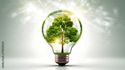 A vibrant tree growing inside a light bulb illuminated by radiant light beams symbolizing renewable energy and innovation 