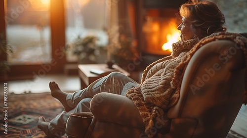 Elderly lady in a woollen jumper relaxing in her living room with a fire in the background photo