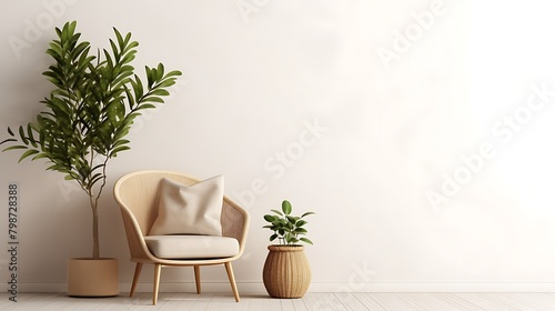 A modern living room setup with a stylish armchair and indoor plants against a clean wall, creating a minimalist interior design concept. 