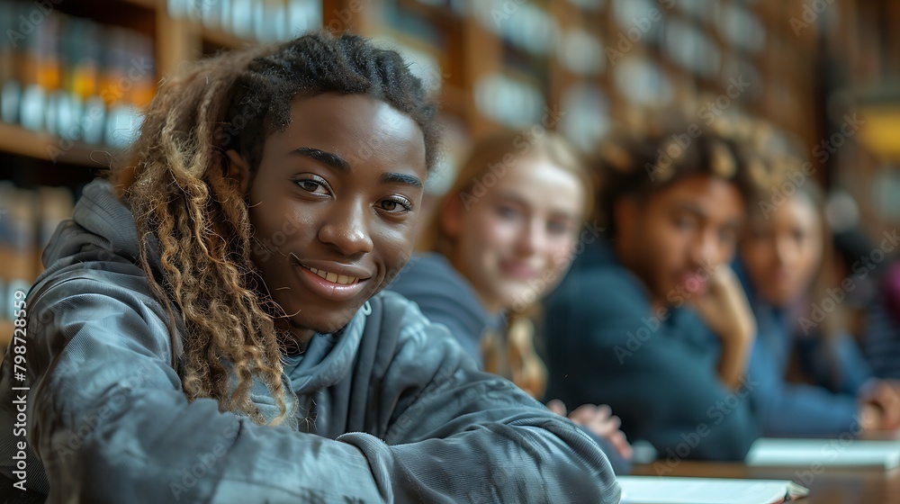 Young student smiling at the camera with classmates in the background at a library setting. 