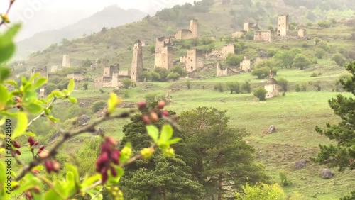 The complex of old Egikal Towers, the largest medieval castle-type tower villages, is located on the outskirts of a mountain range in Ingushetia, Russia. An ancient family crypt. 4К photo