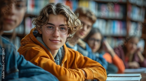 A confident young student with glasses smiles at the camera in a classroom setting with fellow students blurred in the background. 