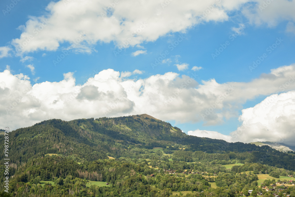 landscape view of beautiful mountain countryside in the alps