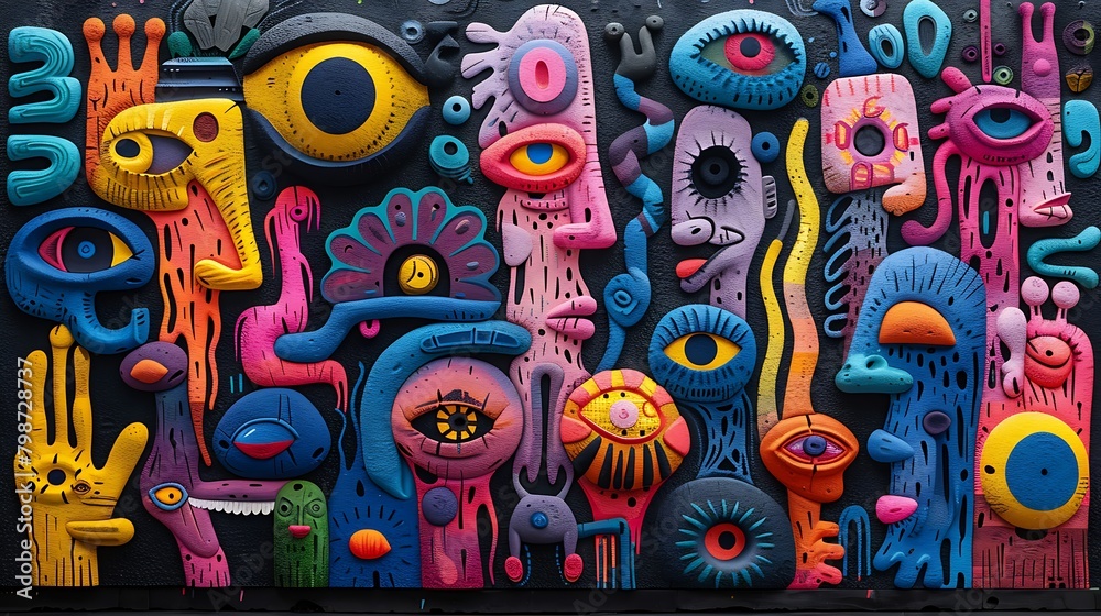 Vibrant and colorful abstract graffiti art featuring a variety of whimsical faces and shapes on a textured surface 