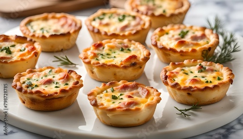 Mini ham and cheese quiches freshly baked on a marble board ready to eat 