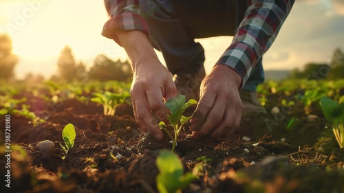 farmer sows vegetable seeds on prepared soil, Generative AI, photo