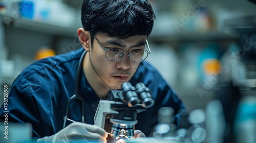 A focused male scientist is meticulously examining samples under a microscope in a laboratory setting. 