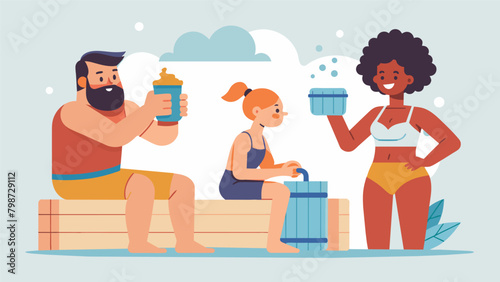 The importance of hydration during sauna use is explained as the characters take a break for some refreshing water..