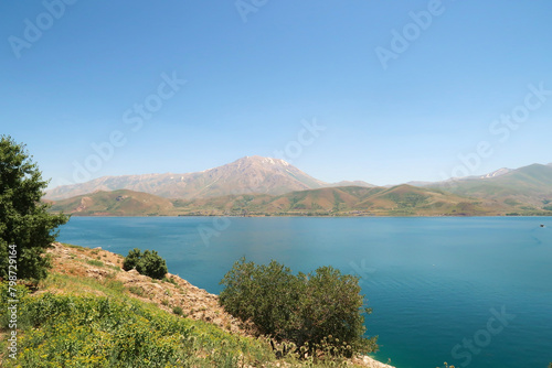 View from Akdamar Island, Lake Van, Van Gölü in the foreground and snow covered Mount Artos in the background, Van, Turkey