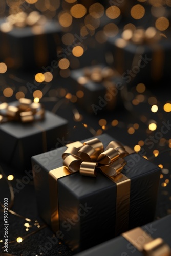 Black gift boxes with gold ribbons on a black background.