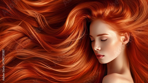 A portrait of a beautiful woman with long wavy red hair.