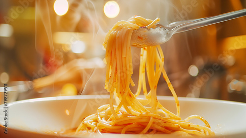 serving of spaghetti being transferred into a white bowl with tongs photo