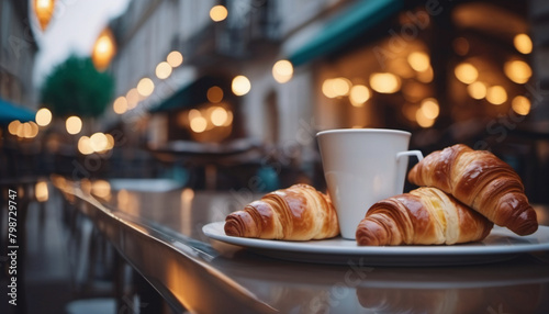 coffee and croissant in the street cfe after sunset, ai photo